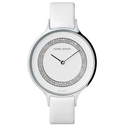 Concave white dial large w/diamonds and white calfskin strap